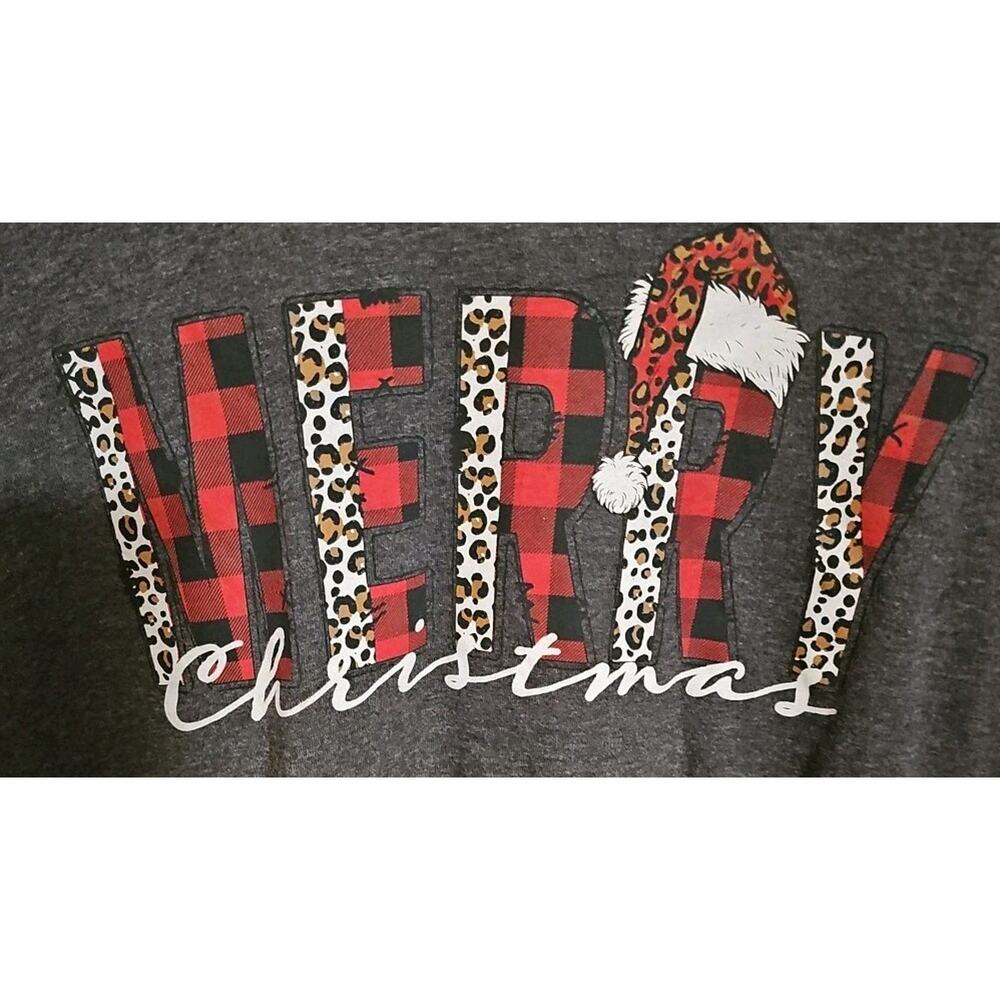 Merry Christmas T-shirt Buffalo Plaid And Leopard Print With Santa Hat Large...